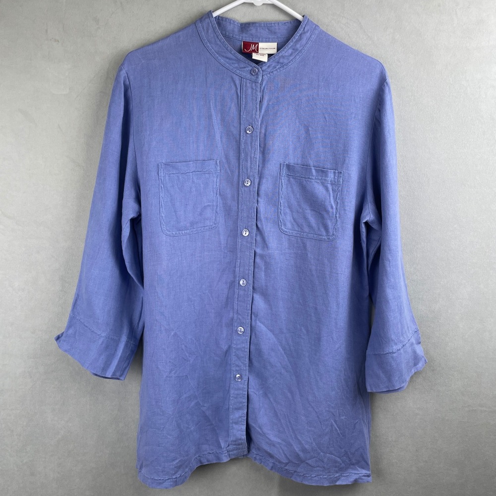 JM Collection Wmn 100% Linen Mandarin Collar 3/4 Sleeve Tunic Resort Top Blue 10